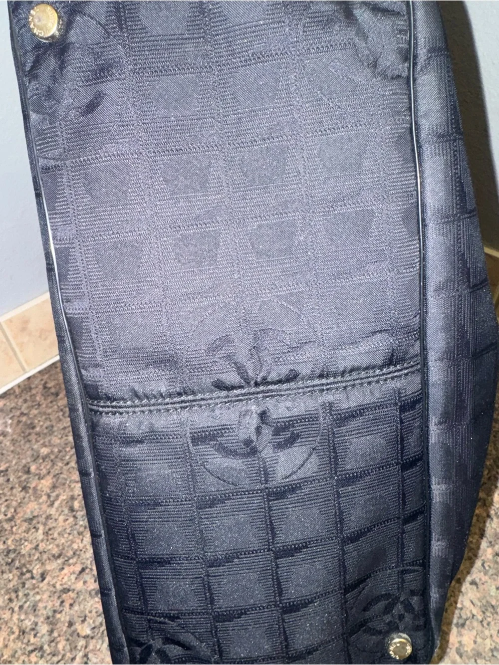 CHANEL Black Quilted Nylon Tote with Leather Straps EUC